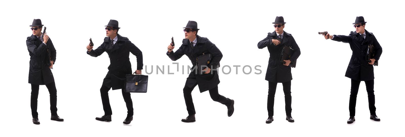 Man spy with handgun isolated on white background