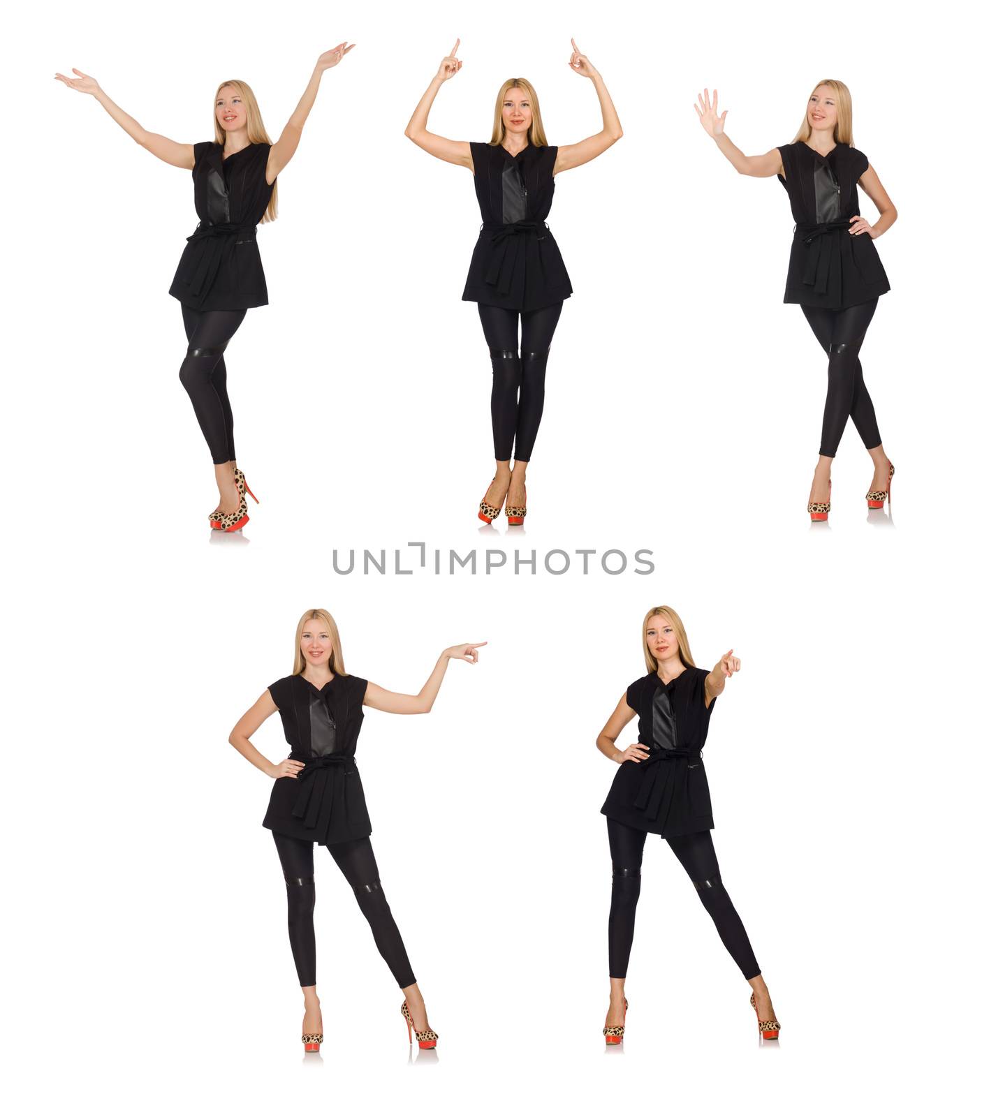 Pretty woman in tight black pants isolated on white