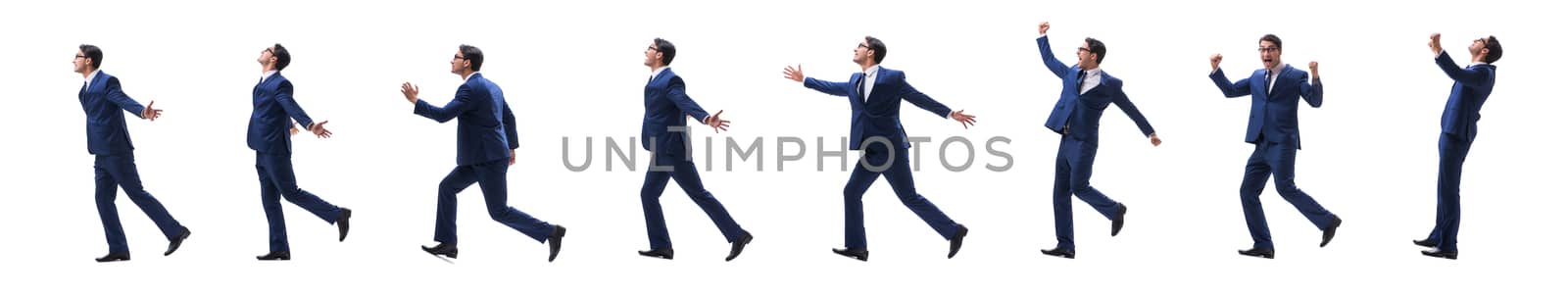 Businessman walking standing side view isolated on white background