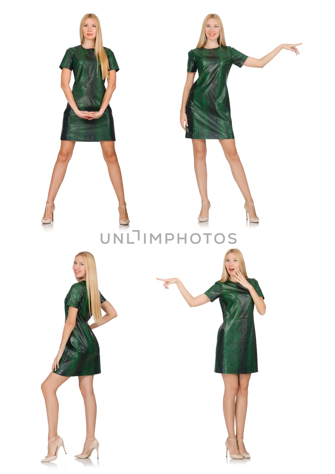 Young woman in green dress isolated on white