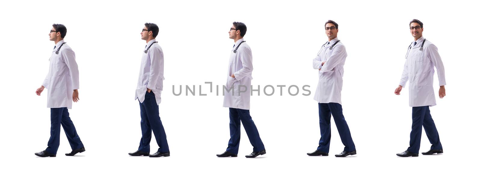 Young doctor physician standing walking isolated on white background