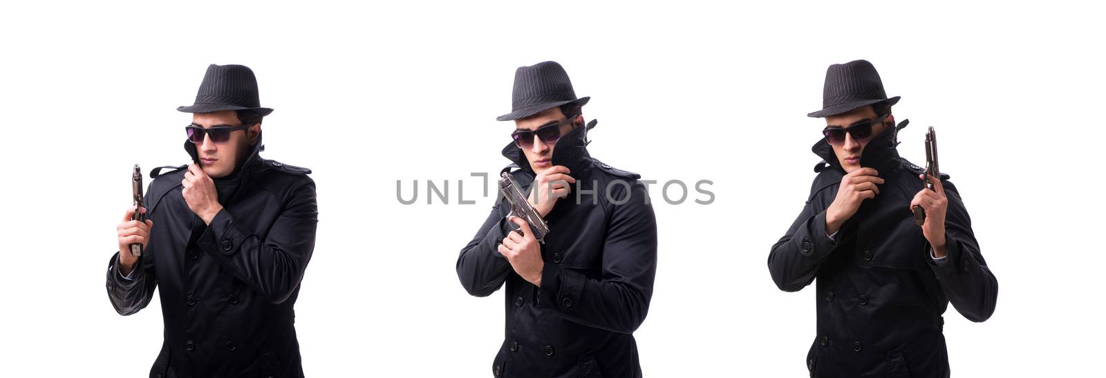 Man spy with handgun isolated on white background
