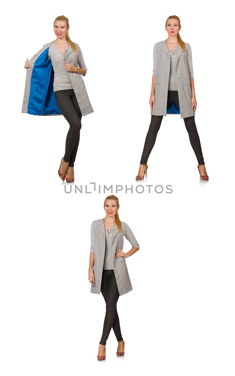 Pretty woman in gray blouse isolated on white