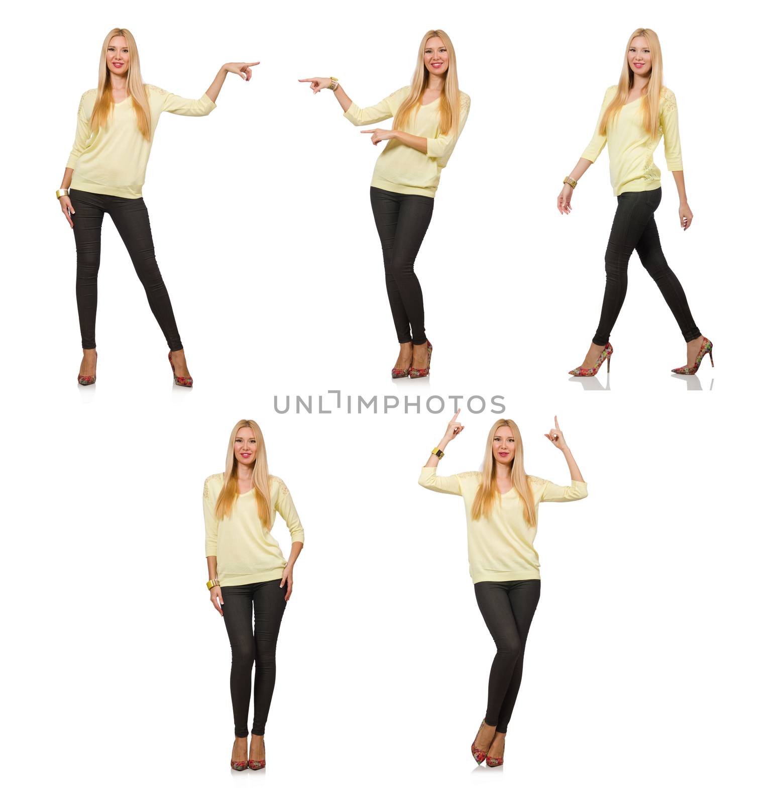Pretty woman in yellow blouse isolated on white