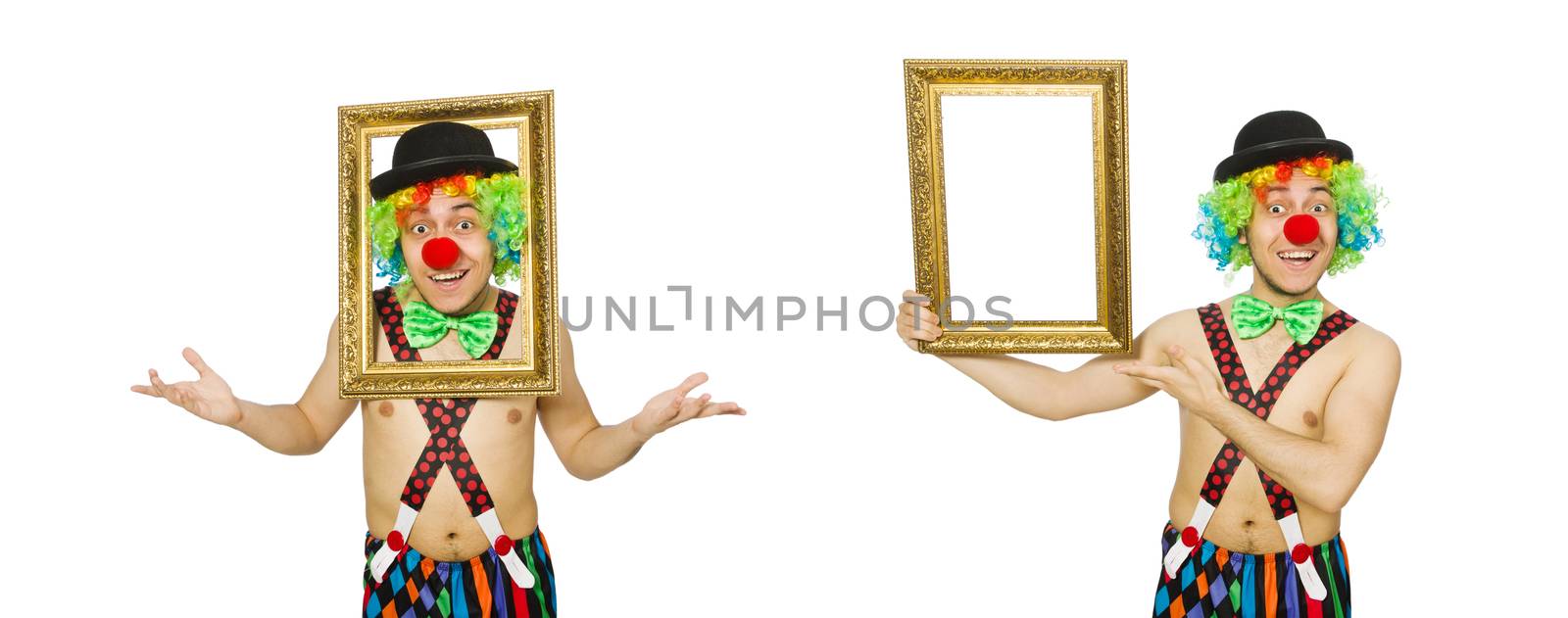 Clown with picture frame isolated on white