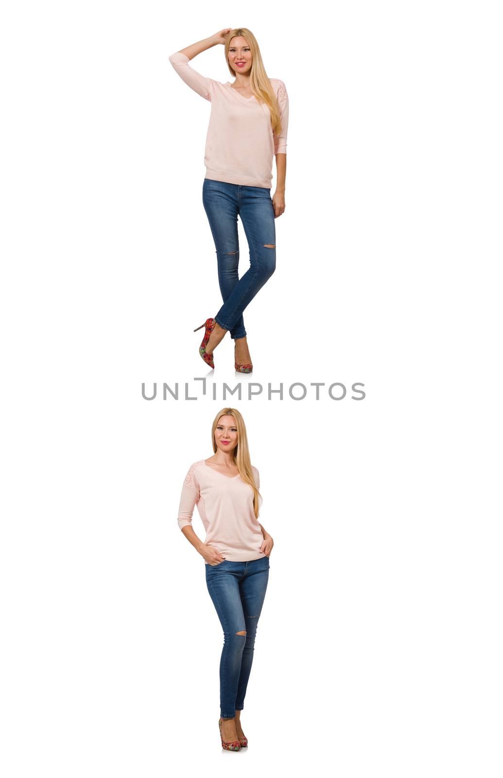 Pretty woman in blue jeans isolated on white