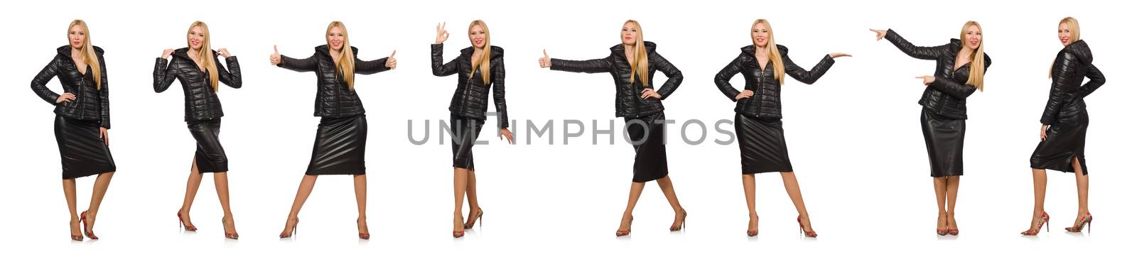 Young woman in bologna jacket isolated on white