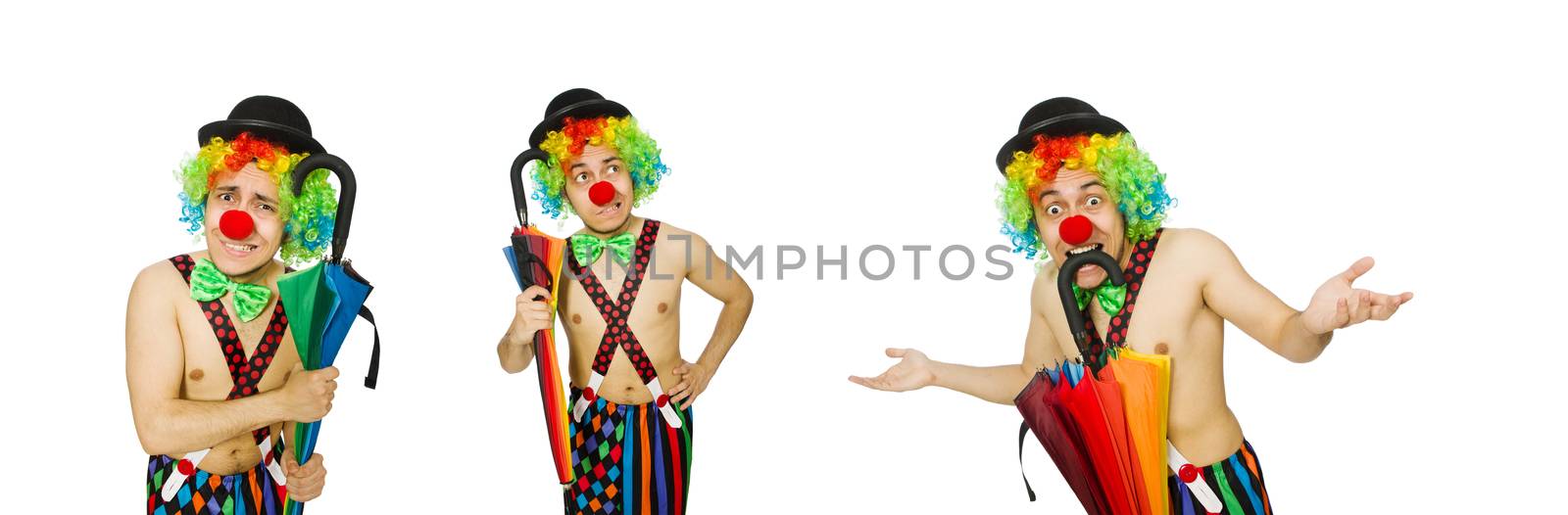 Clown with umbrella isolated on white