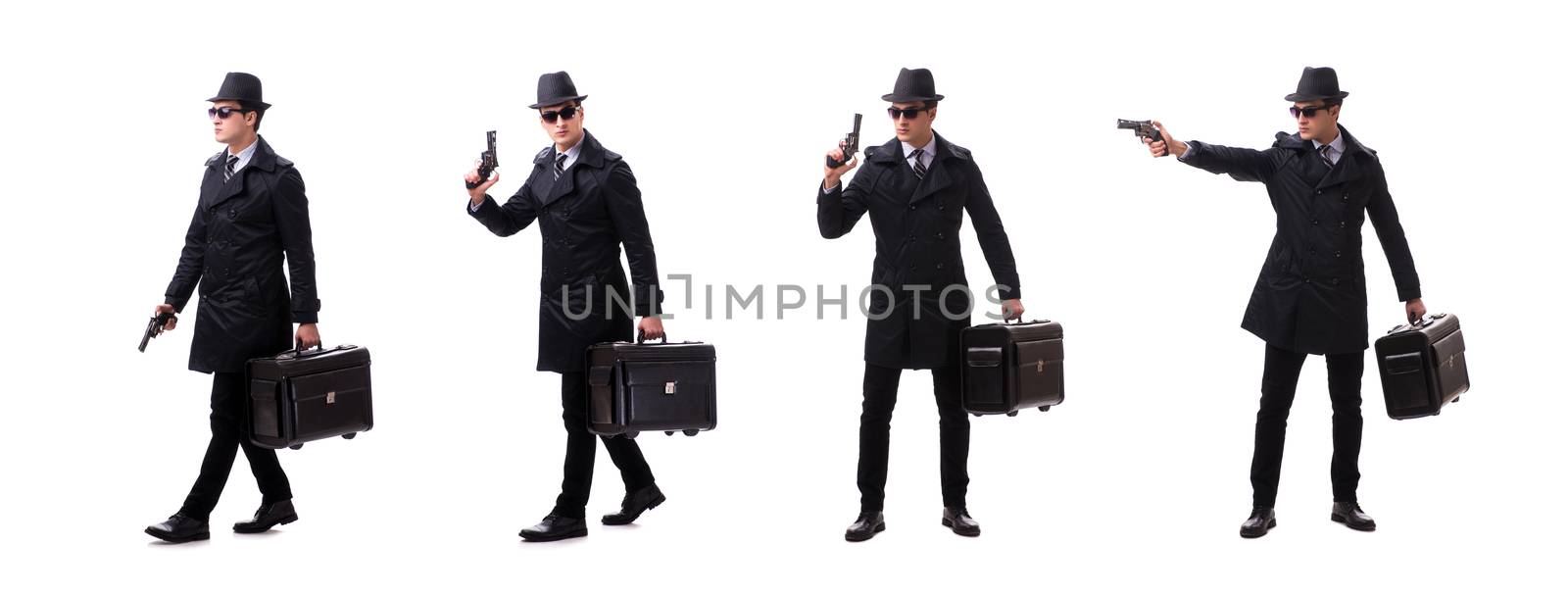 Man spy with handgun isolated on white background