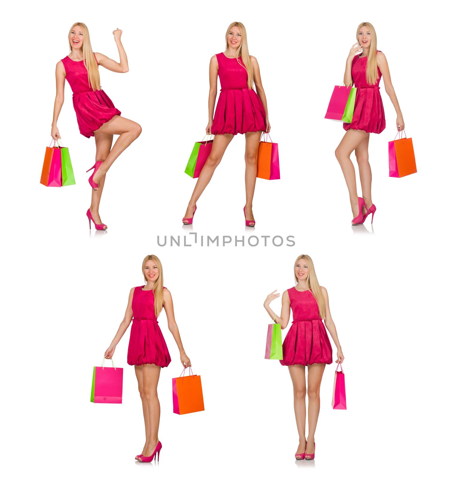Woman after good christmas shopping isolated on white