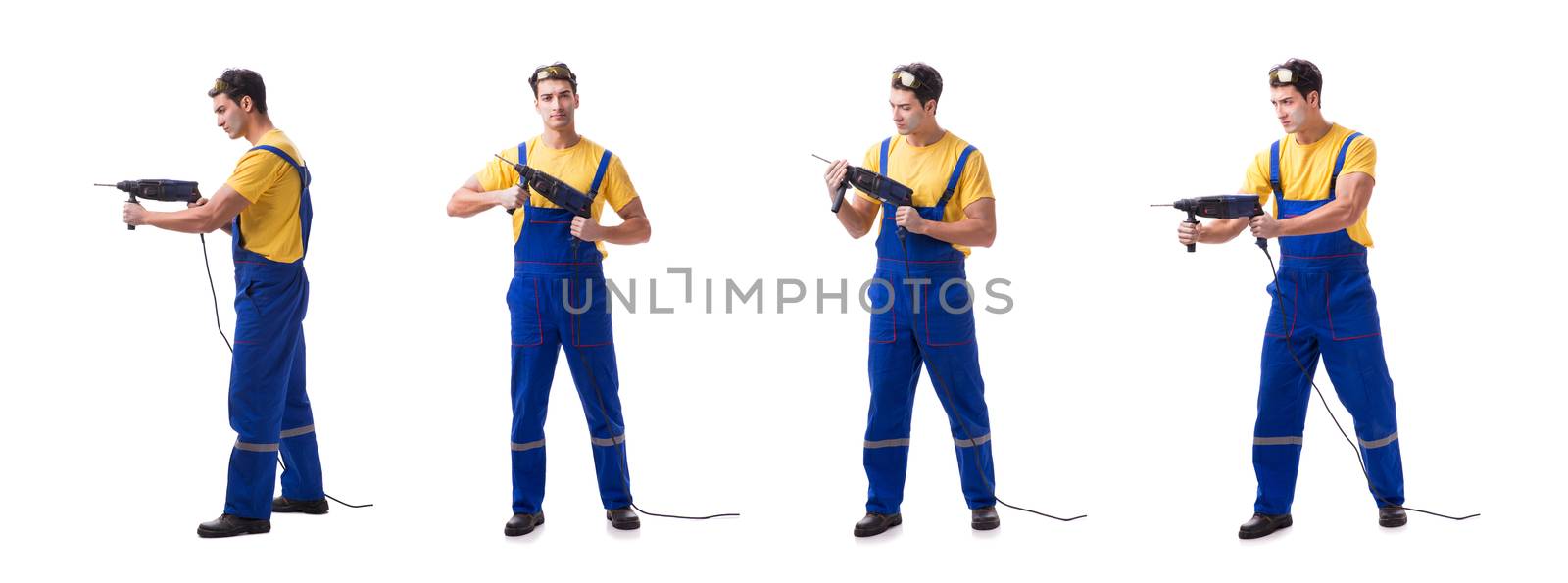 Contractor employee with hand power drill on white background