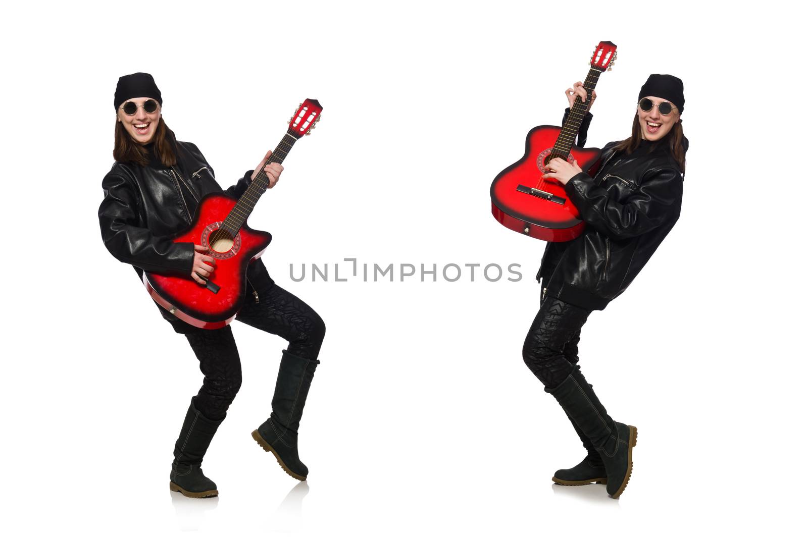 Young guitar player isolated on the white