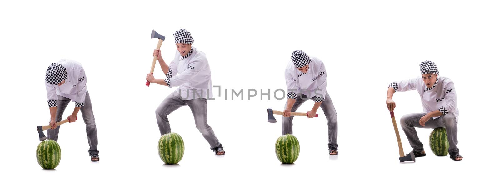 Young male cook with watermelon isolated on white