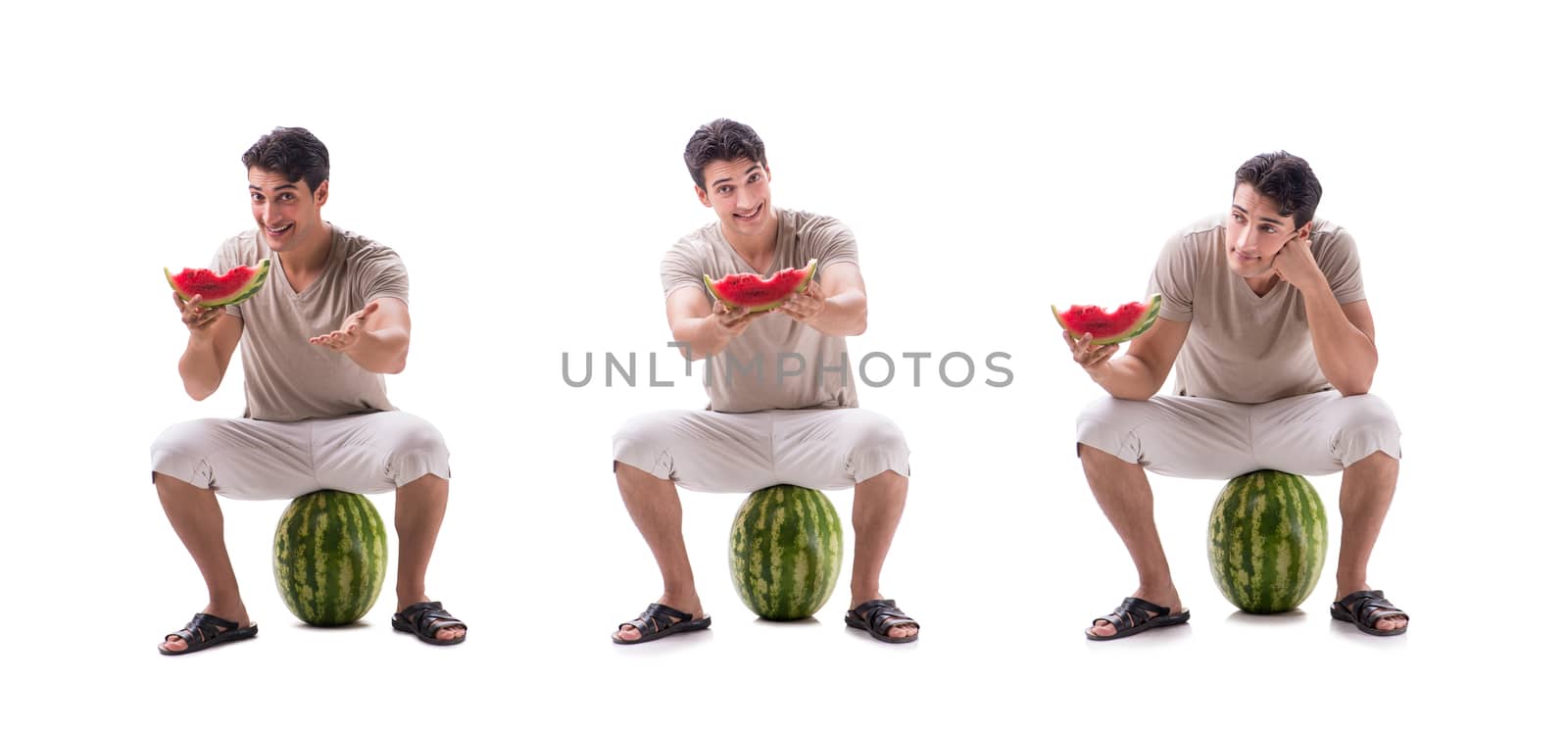 Young man with watermelon isolated on white