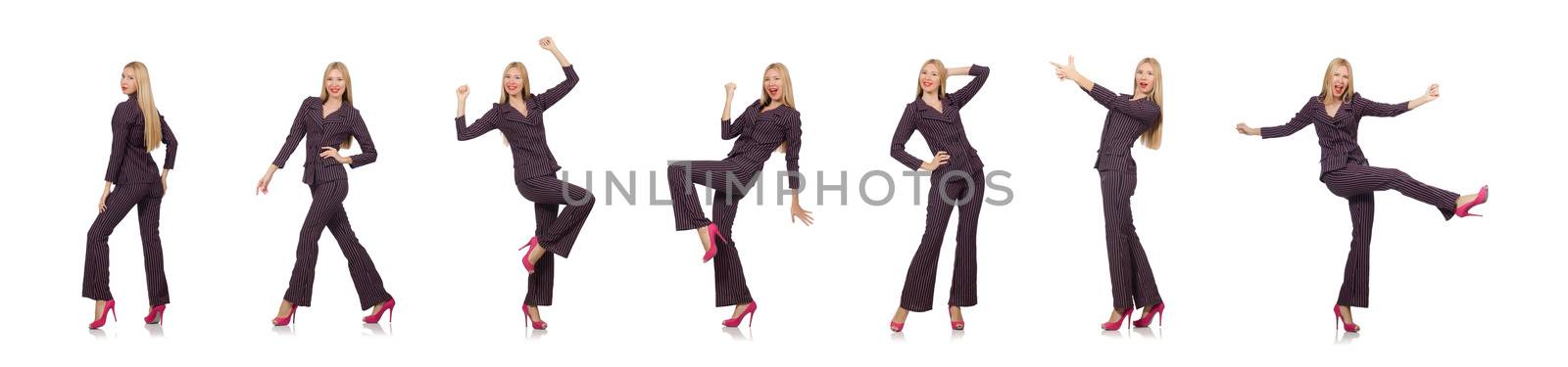 Pretty girl in purple retro suit isolated on white