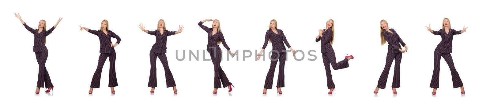 Pretty girl in purple retro suit isolated on white