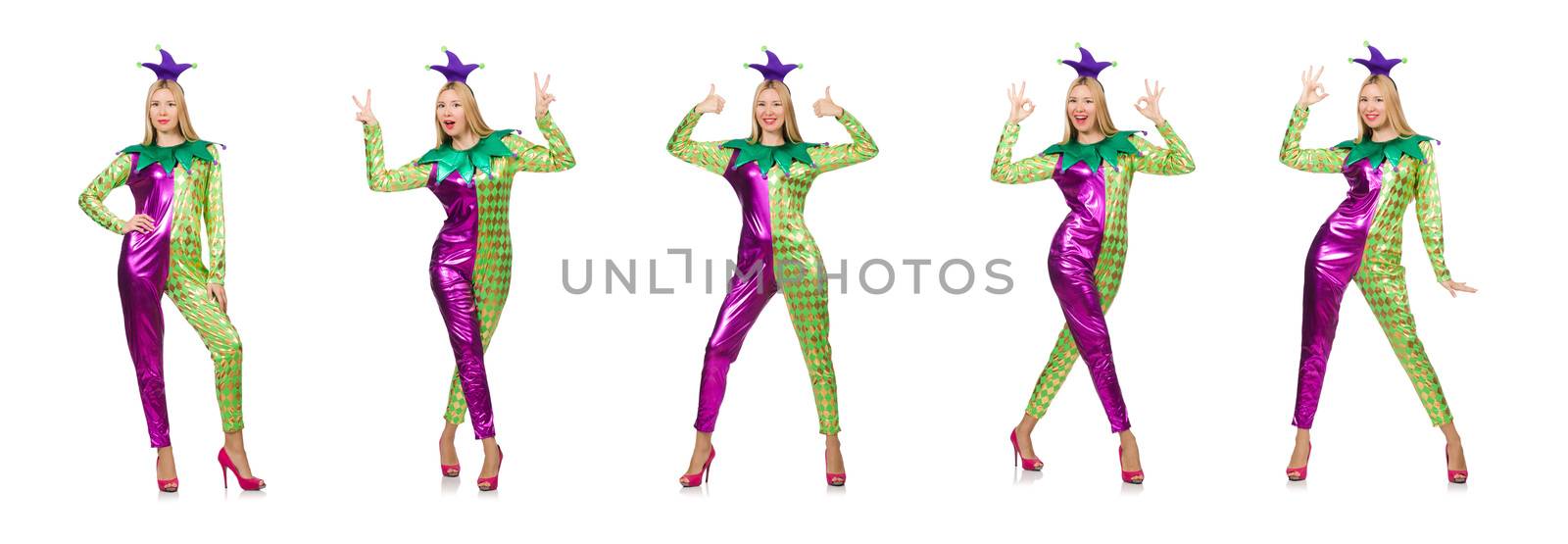Woman wearing clown costume isolated on white