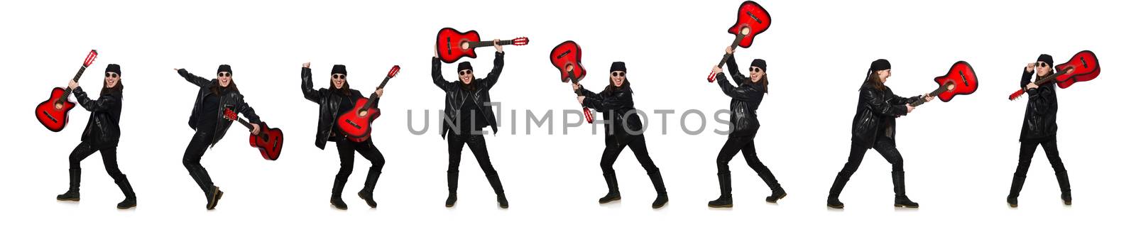 Young guitar player isolated on the white