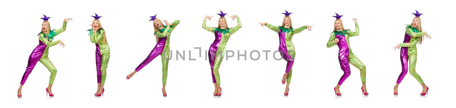 Woman wearing clown costume isolated on white