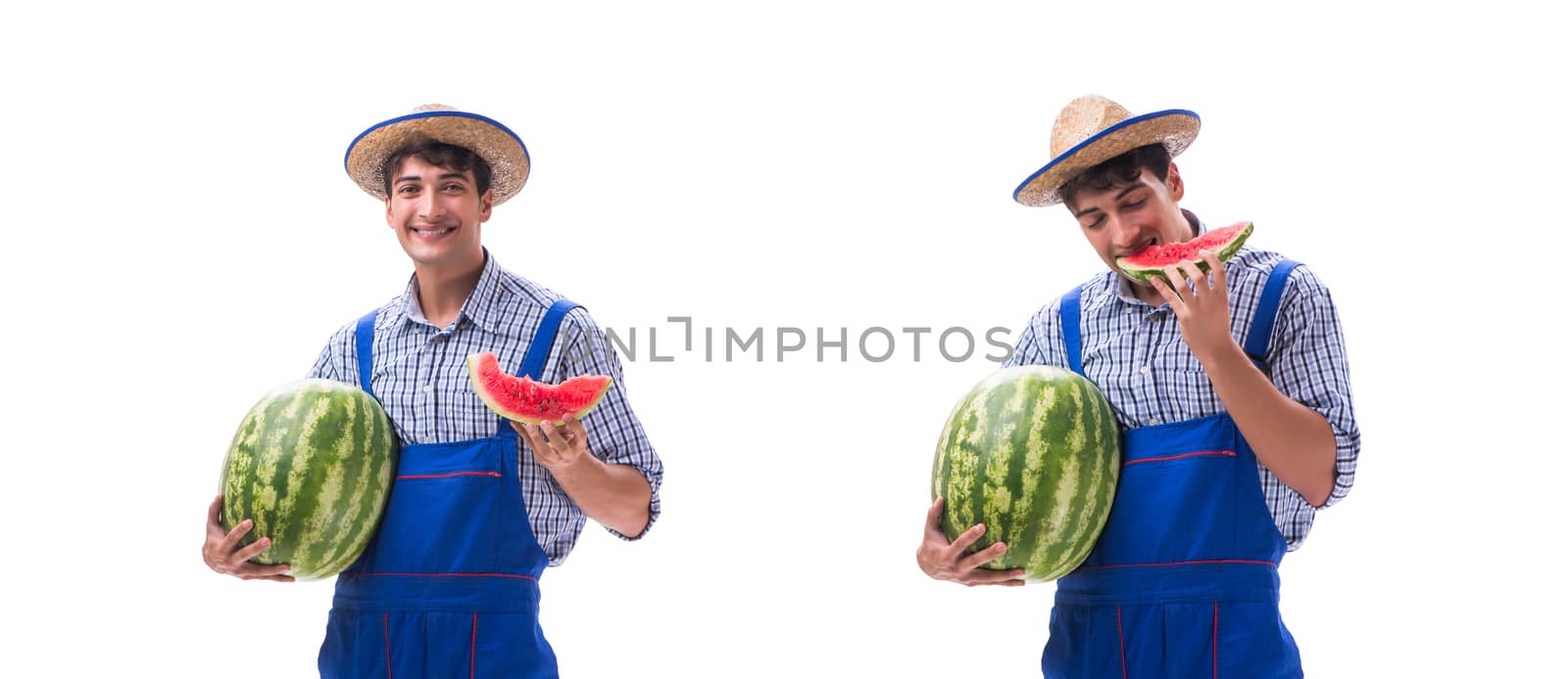 Young farmer with watermelon isolated on white
