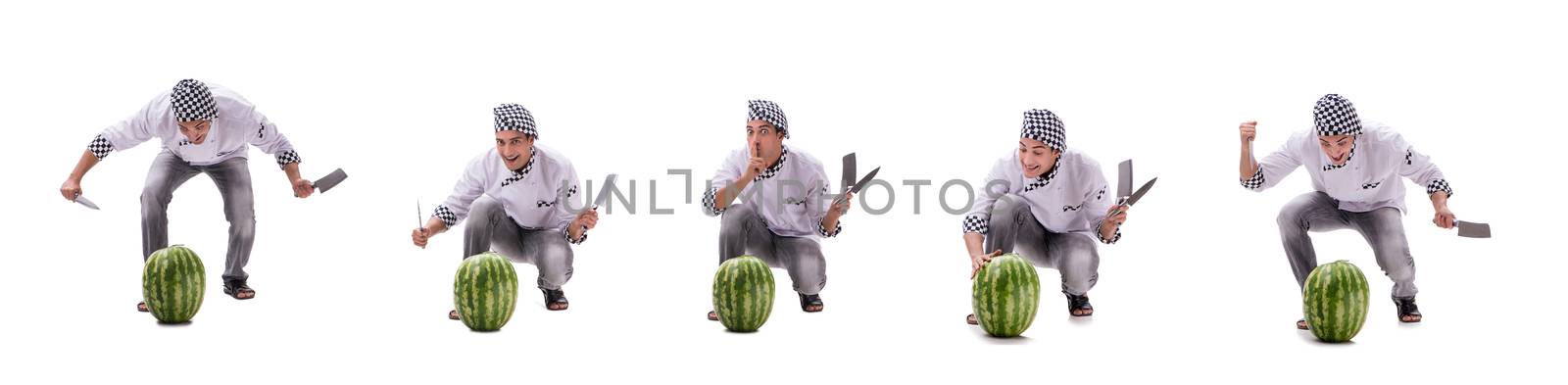 Young male cook with watermelon isolated on white