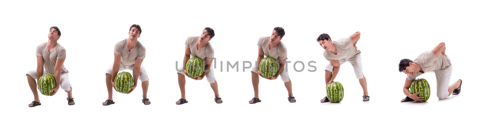 Young man with watermelon isolated on white