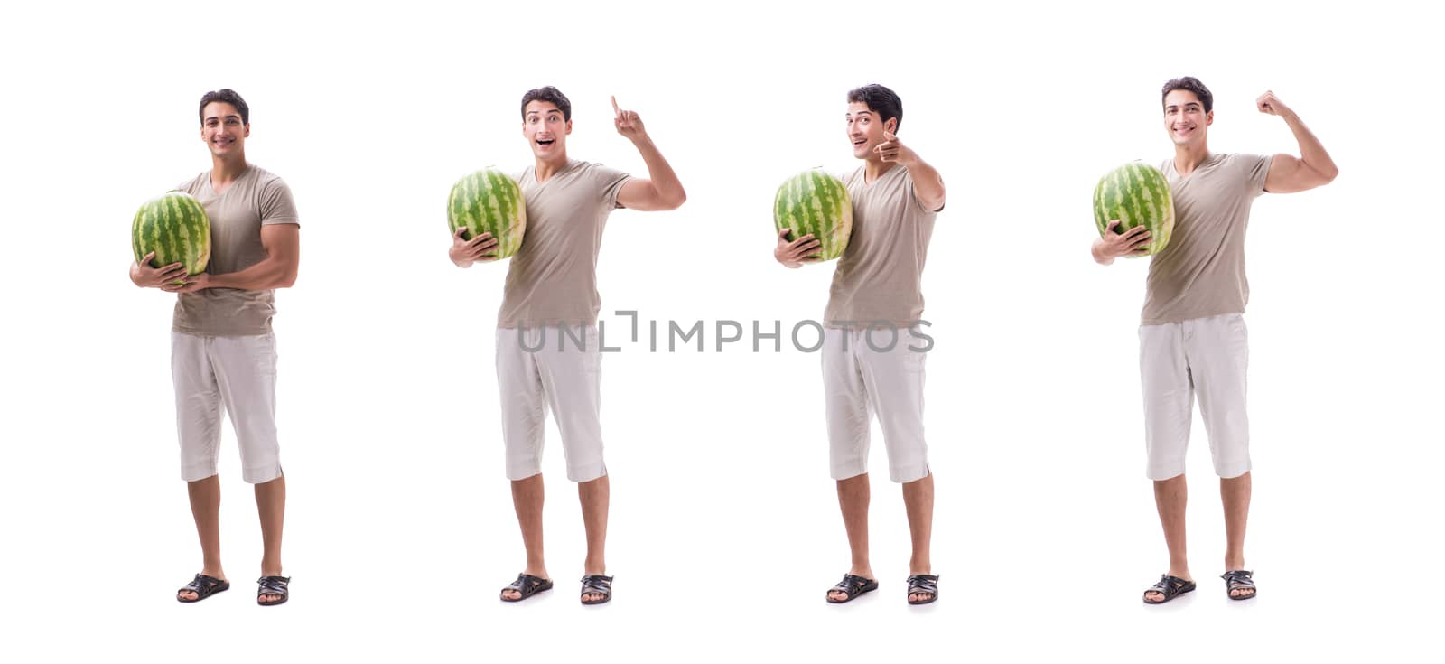 Young man with watermelon isolated on white
