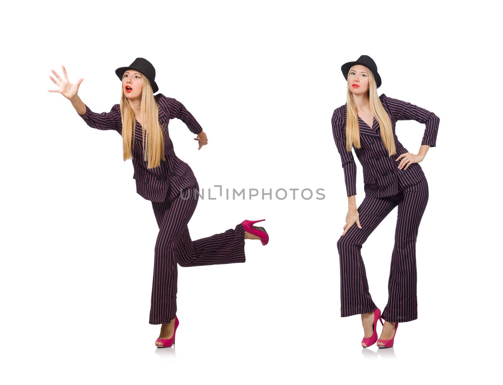 Pretty girl in purple retro suit isolated on white