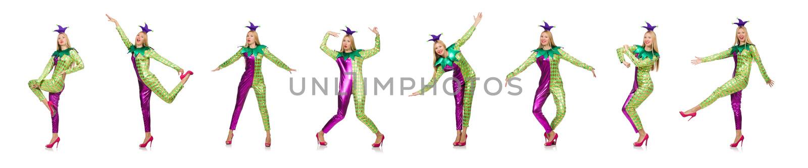 Woman wearing clown costume isolated on white