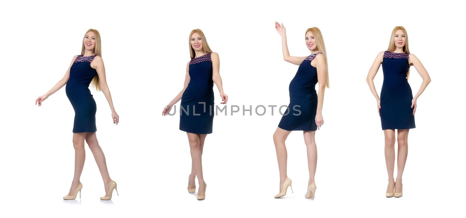 Beautiful pregnant woman in blue dress isolated on white