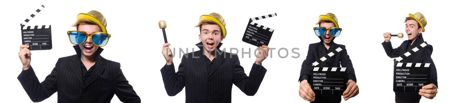 Funny man with movie clapboard