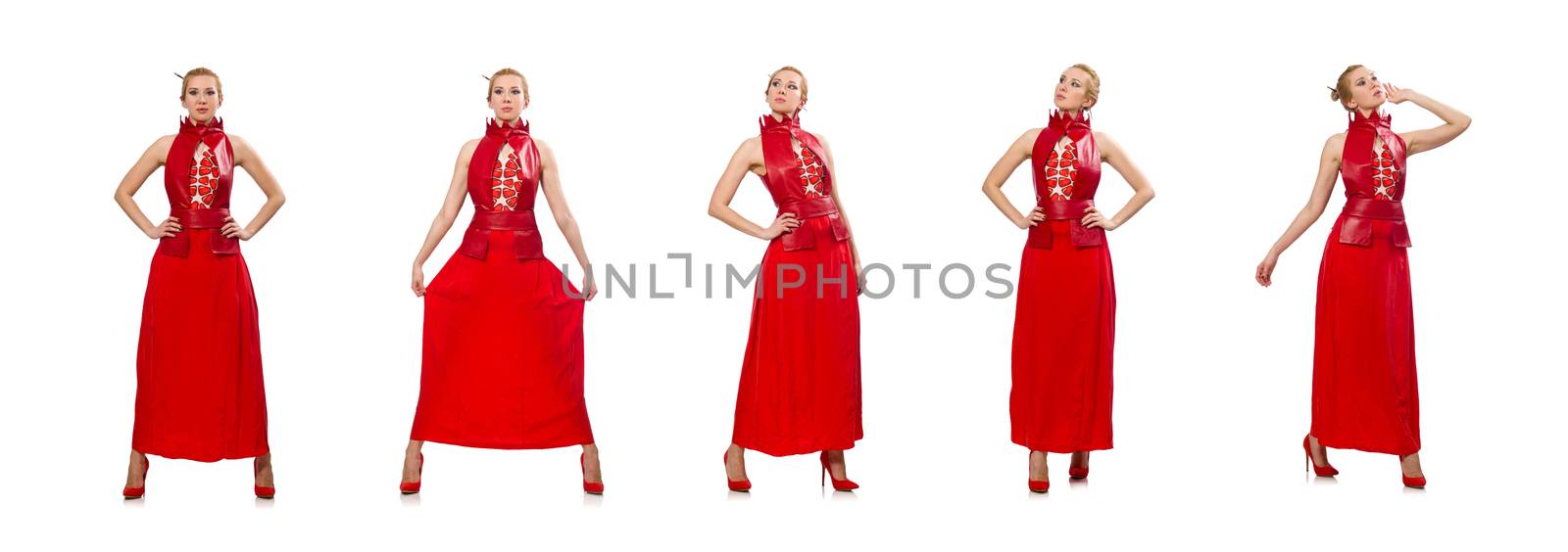 Blond hair model in dress with pomegranate isolated on white