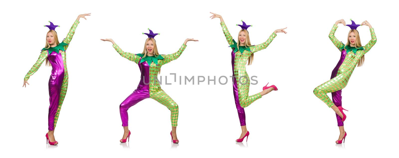 Woman wearing clown costume isolated on white