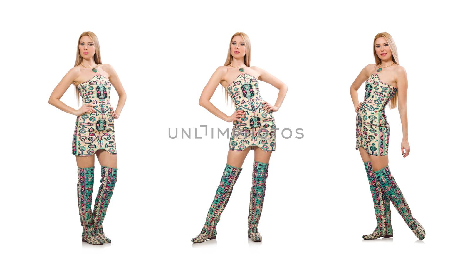 Model wearing dress with Azerbaijani carpet elements isolated on white