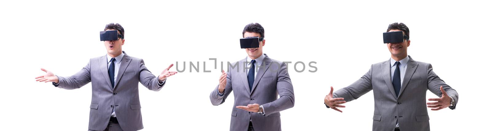 Businessman wearing virtual reality VR glasses isolated on white 
