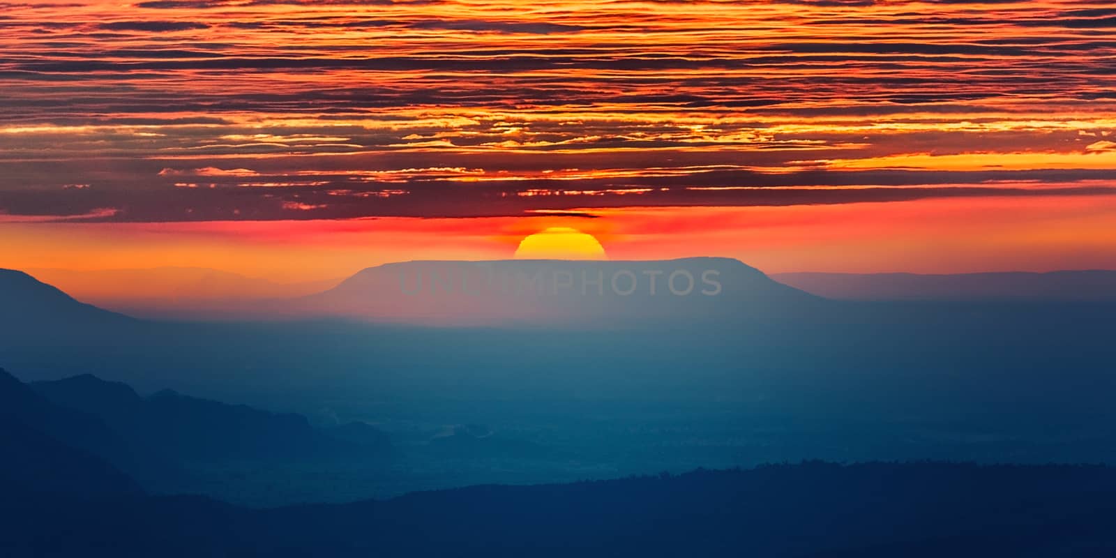 Panoramic view of morning mountain at sunrise in Phu Kradueng national park ,Loei Thailand.
