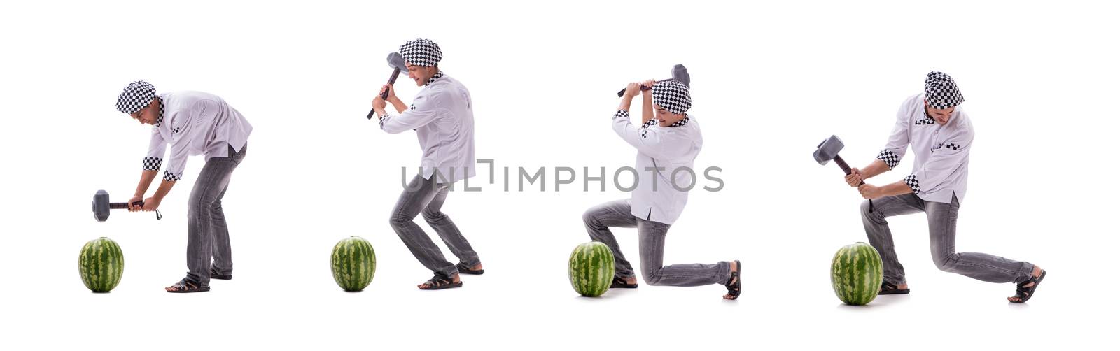 Young male cook with watermelon isolated on white