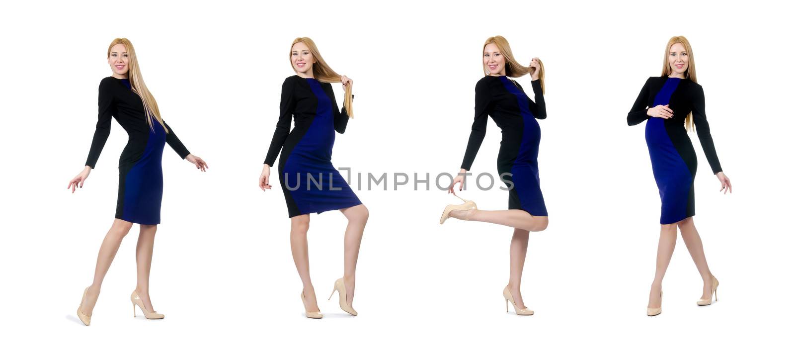 Pretty pregnant woman in black dress isolated on white