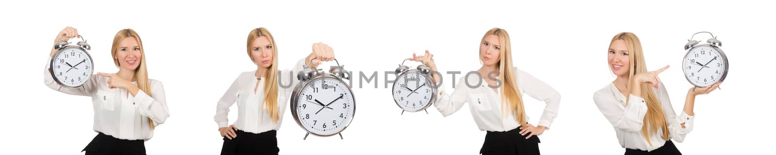 Businesswoman with clock isolated on the white background
