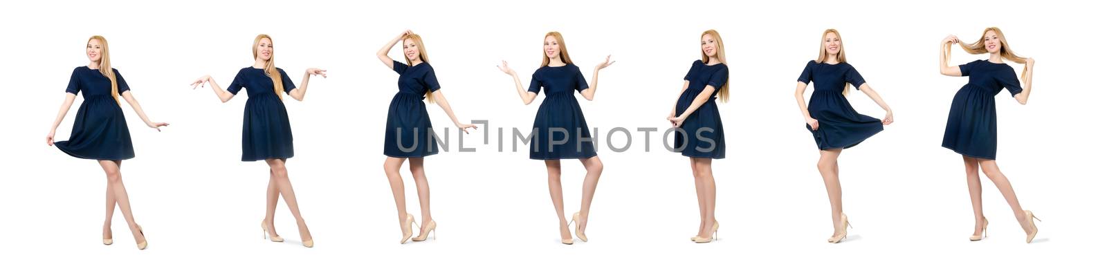 Beautiful pregnant woman in blue dress isolated on white