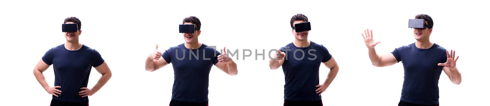 Young handsome man wearing virtual reality VR glasses isolated on white 