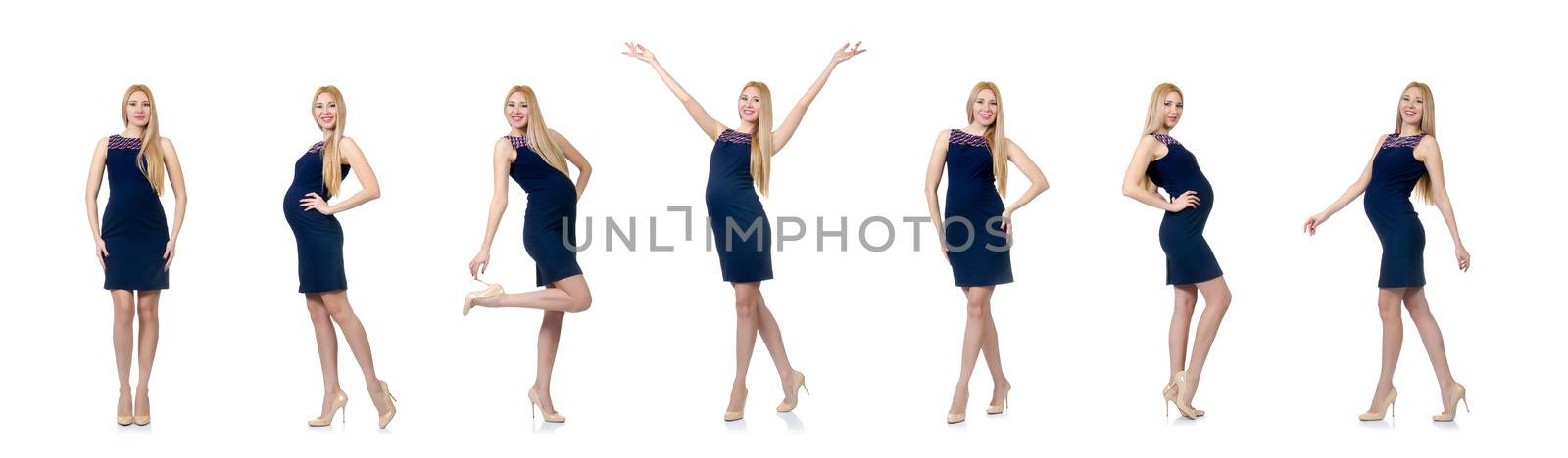 Beautiful pregnant woman in blue dress isolated on white