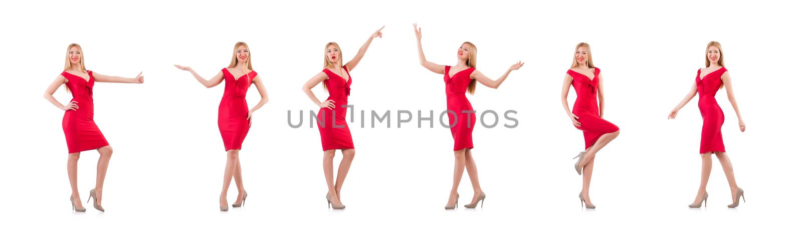 Blondie in red dress isolated on white by Elnur