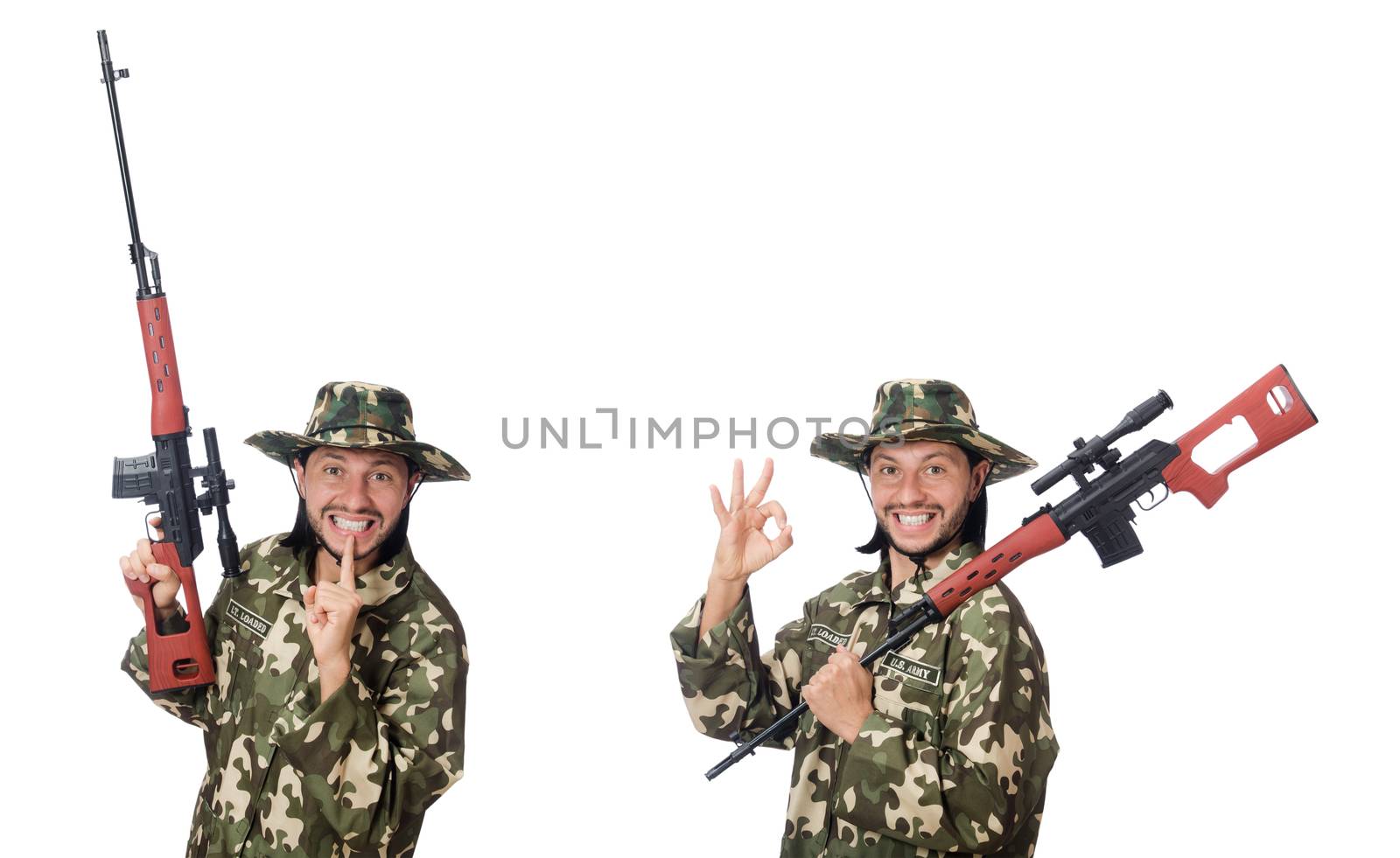 Soldier with weapons isolated on white