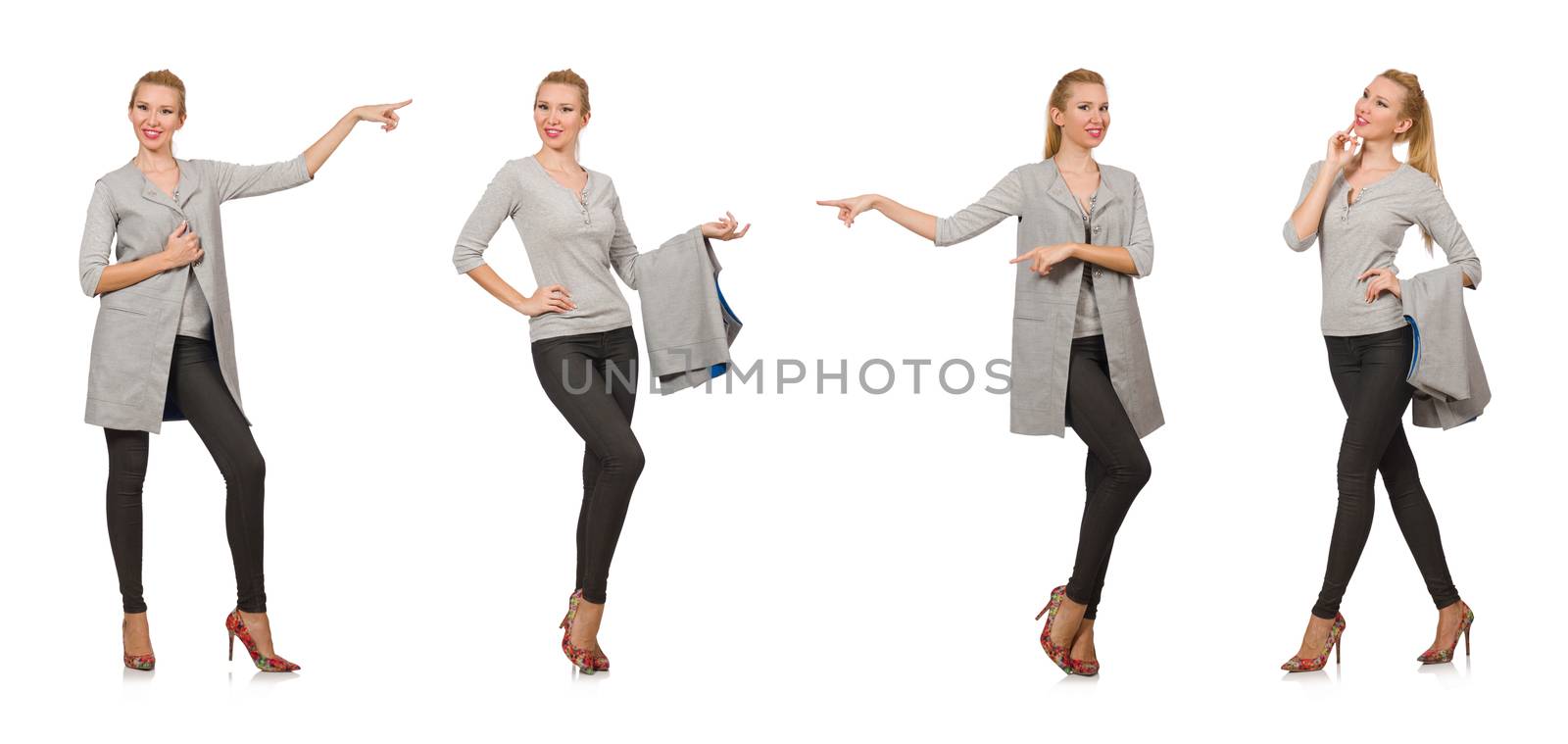 Pretty woman in gray blouse isolated on white