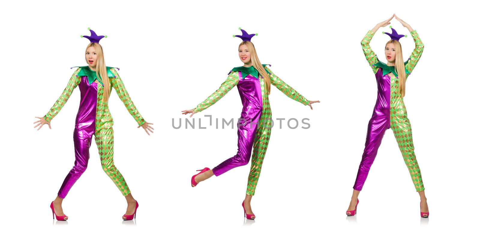Woman wearing clown costume isolated on white