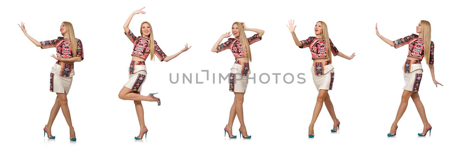 Pretty model in clothes with carpet prints isolated on white by Elnur