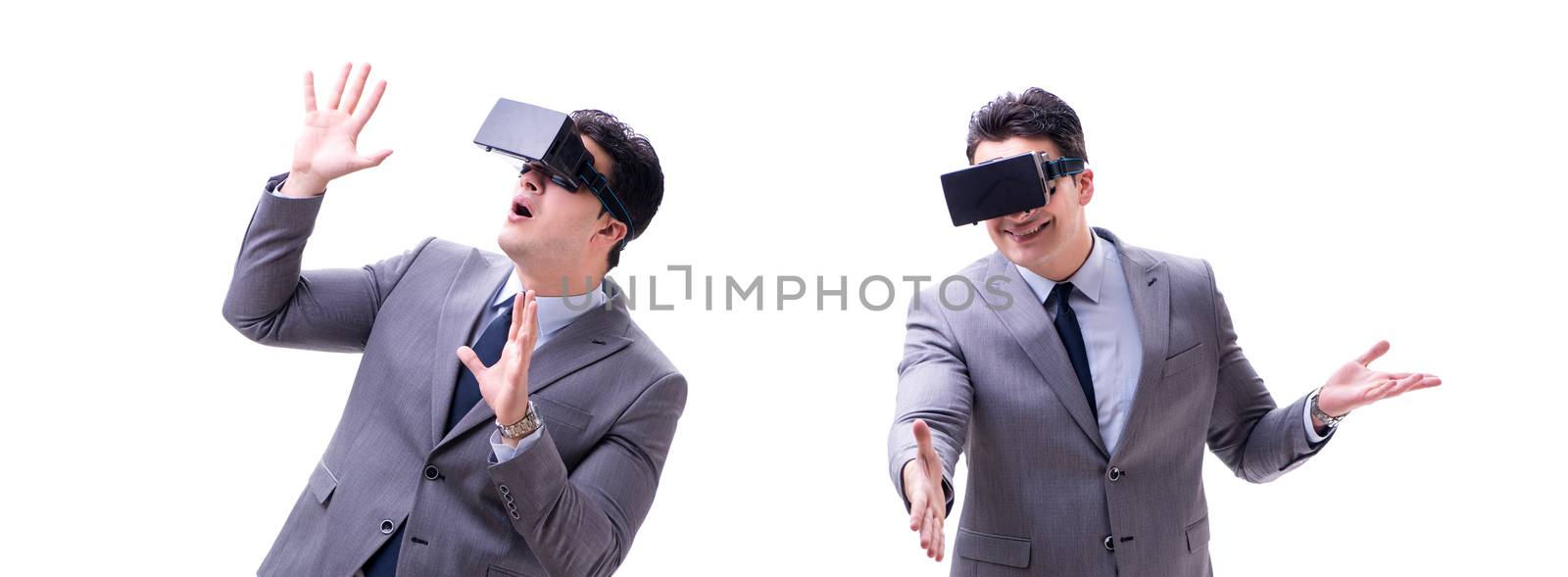 Businessman wearing virtual reality VR glasses isolated on white 