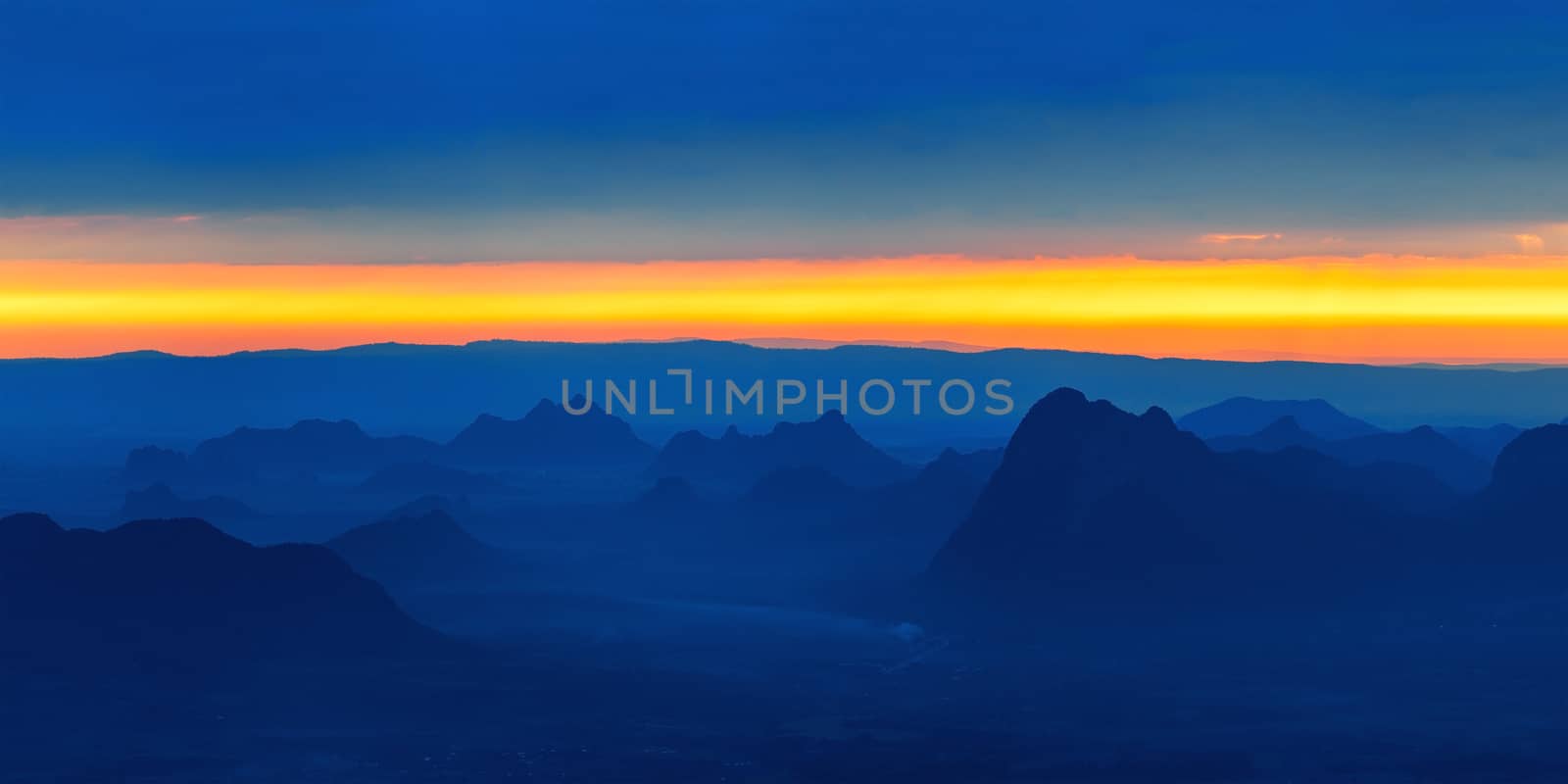 Panoramic view of morning mountain at sunrise in Phu Kradueng national park ,Loei Thailand.