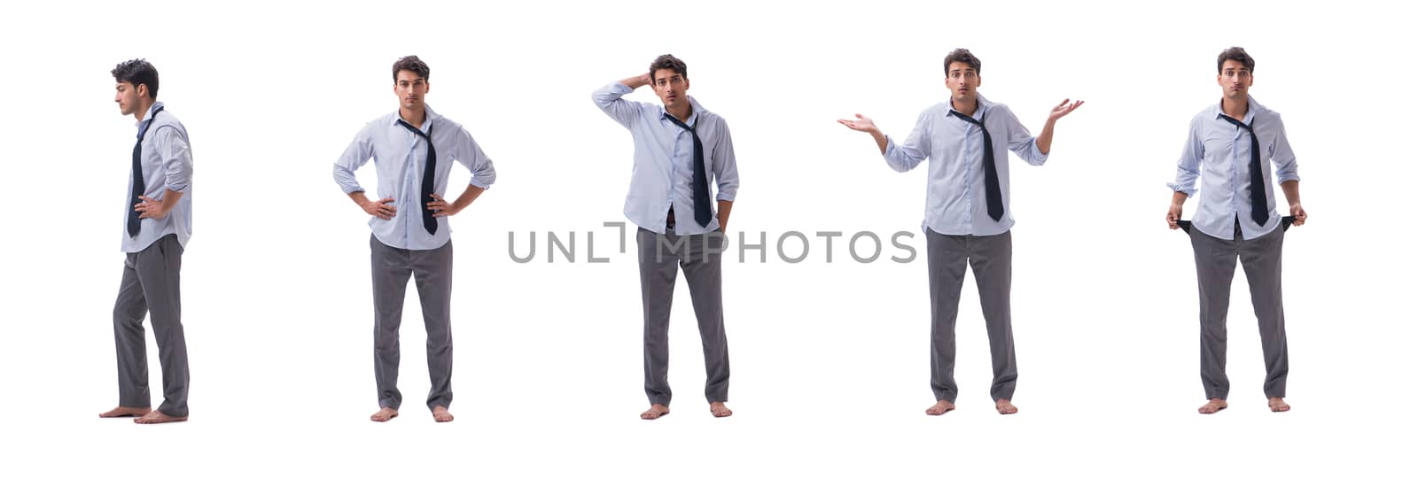 Young barefooted businessman isolated on white  